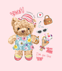 typography slogan with cute bear doll in paper doll clothes vector illustration