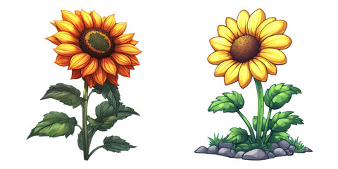 Blooming sunflower duo isolated on transparent PNG image perfect for botanical prints or summer greeting cards