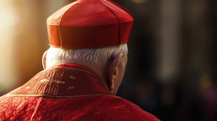 Catholic cardinal in red robe with gold cross seen from behind. Rear view of Catholic cardinal in ornate vestments. Elderly Catholic clergy in red garments with cross motif