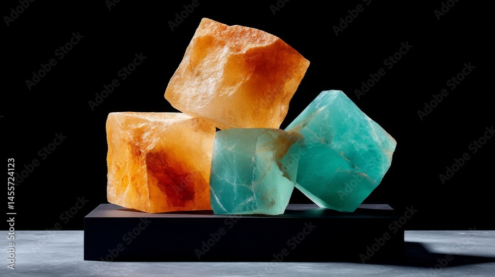 Poster a stack of quartz prisms refracts teal and amber light, showcasing an ethereal glow on a black pedes