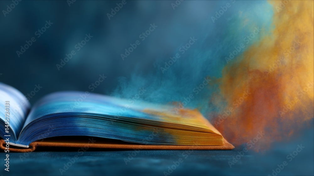 Poster an open novel flutters with sapphire and gold pages against a deep indigo backdrop, inviting explora