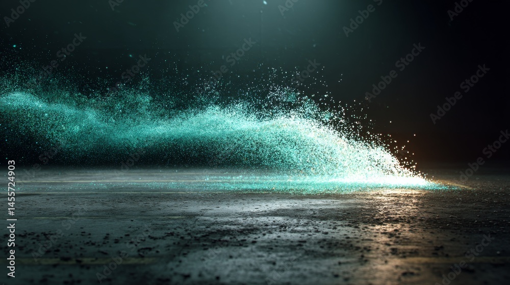 Poster Glowing cyan particles form an abstract wave pattern on a dark textured surface, conveying motion and energy with a captivating high-angle perspective