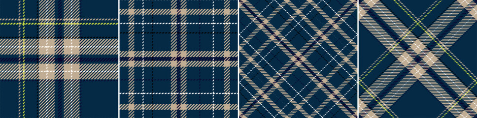 Fototapeta premium Four Different Plaid Patterns in Navy Blue, Beige, and White