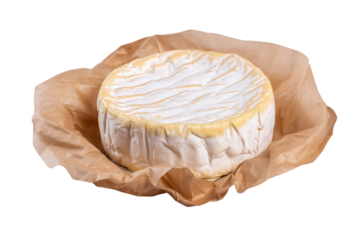 Round Cheese Wheel On Brown Paper, Creamy Texture, Pale Yellow Center On Transparent Background