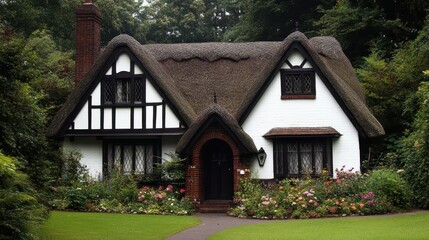 Fototapeta premium Idyllic thatching cottage nestled in lush greenery English countryside quaint village home charming residence historical architecture