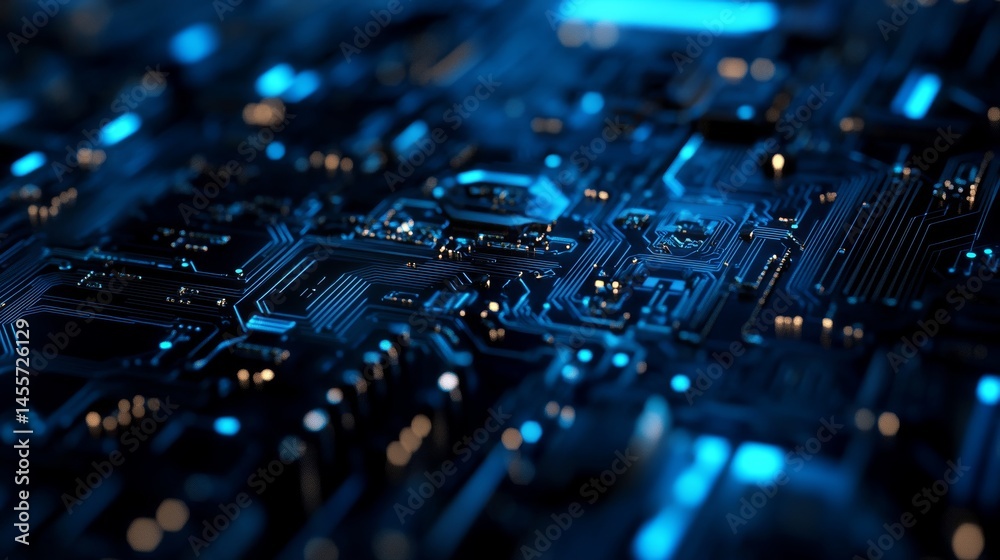 Aufkleber High-tech Circuit Board Illuminated in Blue Light Showcasing Intricate Patterns and Electronic Components
