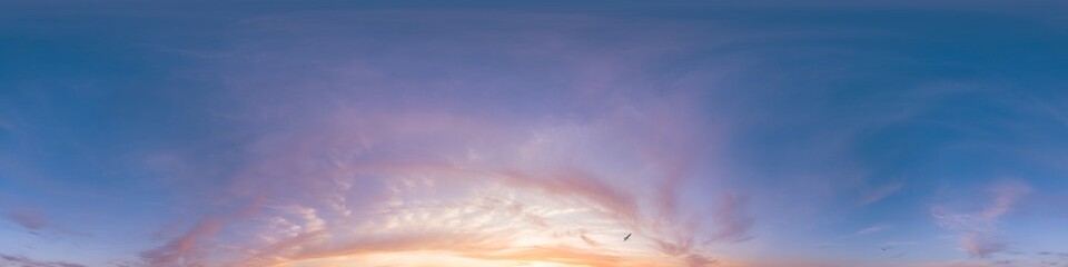 Obraz premium Seamless 360 HDR spherical panorama of sunset sky with vibrant pink Cirrus clouds. Full zenith or sky dome in 3D, sky replacement for aerial drone panoramas. Climate and weather change.