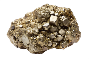 Shiny golden pyrite crystals formed on a natural rock with a metallic luster isolated on white background