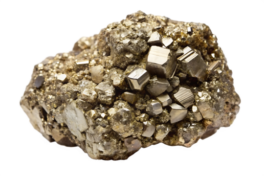 Shiny golden pyrite crystals formed on a natural rock with a metallic luster isolated on white background