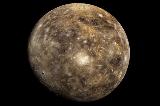Detailed Global View of Callisto A Moon of Jupiter Showing Craters and Icy Surface Features - Powered by Adobe
