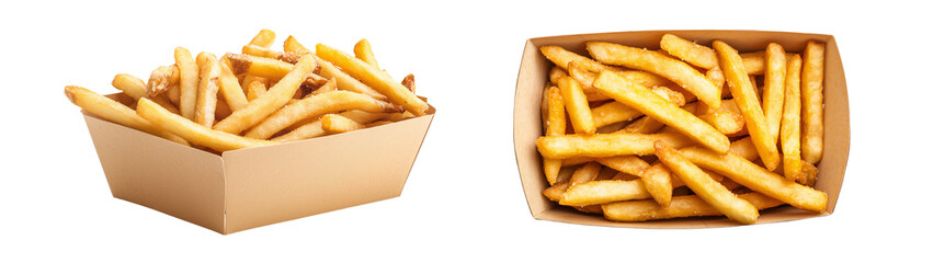Two servings of crispy fries in unique containers, PNG, created with Generative AI