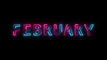 Animation of glowing neon shine month name FEBRUARY text icon animation. 4k animated on black background