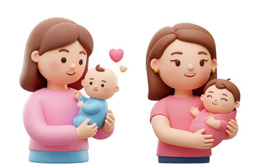 3d rendering smiling mother with brown hair holding her baby in her arms cartoon characters isolated on transparent background, PNG file add