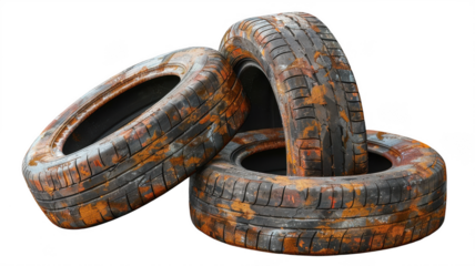 Old used tires for sale with rust and worn tread auto parts recycling on transparent background