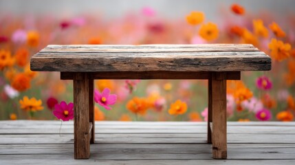 Fototapeta premium A rustic wooden table stands prominently in a sunny meadow, surrounded by vibrant wildflowers. The blurred backdrop enhances the inviting feel of the outdoor setting