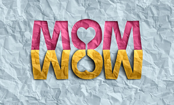 Happy Mothers Day Symbol as a mirror word or ambigram as Mom and wow representing motherhood parenting as a festive symbol for a mother celebration as a paper sculpture