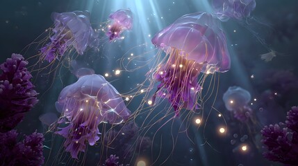 Obraz premium Underwater Enchantment Illuminated Fantasy Jellyfish Floating Wallpaper A Symphony of Light and Color Under the Sea's Mystical Gaze