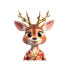 Naklejka premium Adorable 3D Render of a Female Deer in Traditional Japanese Kimono