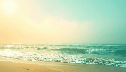 Obraz premium Relaxing ocean waves at sunset beachfront nature photography serene atmosphere wide-angle view tranquil escape