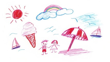 Childs drawing of summer beach scene with sun rainbow ice cream and people art