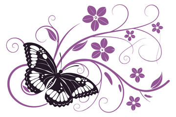 Elegant Butterfly & Floral Vector Illustration in Black and Purple