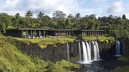 Modern resort nestled amidst lush tropical foliage and cascading waterfalls