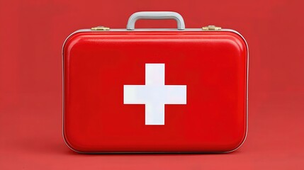 Fototapeta premium A red first aid kit with a white cross symbol, packed with essential health and safety items, ready for emergencies at home, office, or while traveling. 