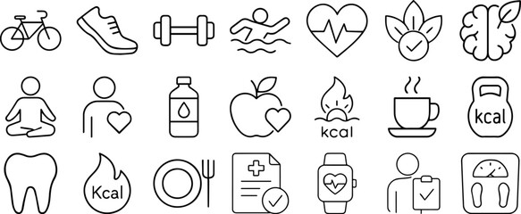 Healthy Lifestyle Line Editable Icons Set – Vector Illustration in Modern Thin Line Style Representing Wellness, Diet, Exercise, Rest, and Daily Routines