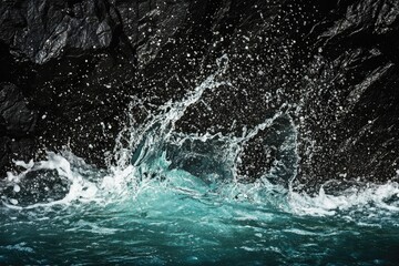 Obraz premium Powerful ocean waves crashing against dark, rugged rocks, creating dynamic splashes and textures with striking contrasts of light and shadow.