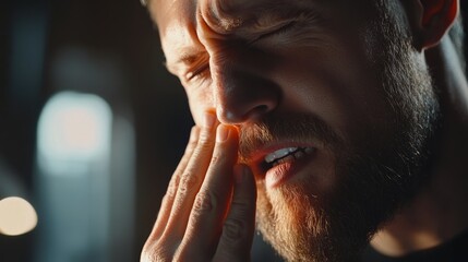 A man in a room expressing stress or deep thought.