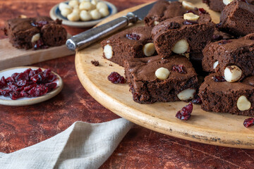 Chocolate brownies with macadamia nut and dried cranberries