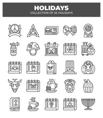 Collection of 25 Holidays. Line Art Icons of Festive Traditions and Celebrations