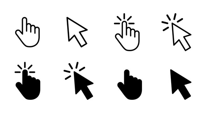 Vector set of hand and arrow cursor icons in outline and filled styles, ideal for UI, UX design, web interfaces, and app development. Includes click, hover, and pointer states. Icon, cursor, click 