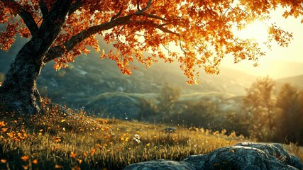 Golden hour sunlight bathes a landscape with a large tree displaying autumn foliage, wildflowers, and rolling hills