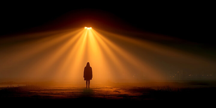 Silhouette person with UAP golden light outdoor field dramatic light