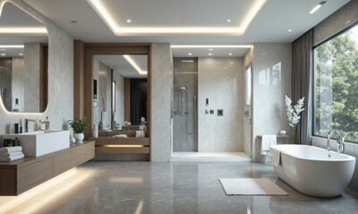 A high-tech bathroom with a voice-activated smart mirror that not only provides reflection but also offers skincare analysis, weather updates, and calendar reminders.
