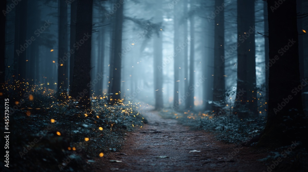 Aufkleber A winding path through a tranquil forest glows with firefly trails beneath a deep indigo sky, creating a serene and magical atmosphere in twilight