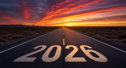 20226 Painted on Desert Road at Sunset Future Journey Concept Stock Photo