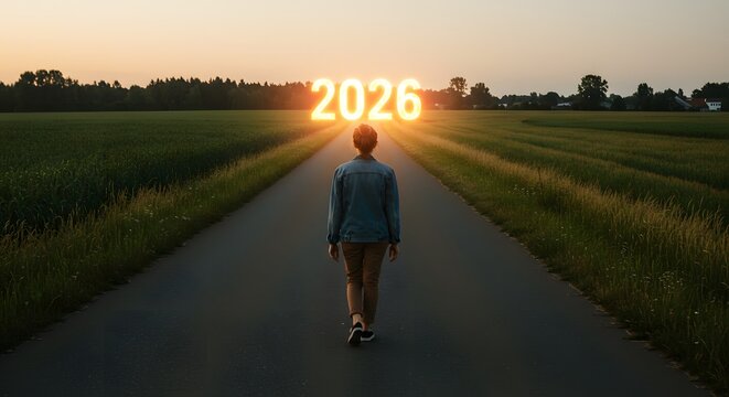 Person Walking Toward 2026 Sign on Rural Road Aspirational Journey Stock Photo