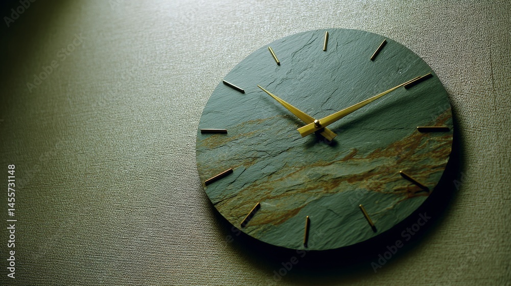 Aufkleber A circular slate clock with minimalist markers is mounted on a textured beige wall, illuminated by soft ambient light, creating a serene atmosphere