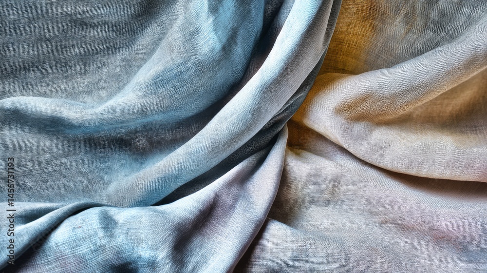 Aufkleber A serene arrangement of soft blue and cream fabric layers overlaps gently on a clean surface, illuminated by diffused lighting to enhance the calming composition