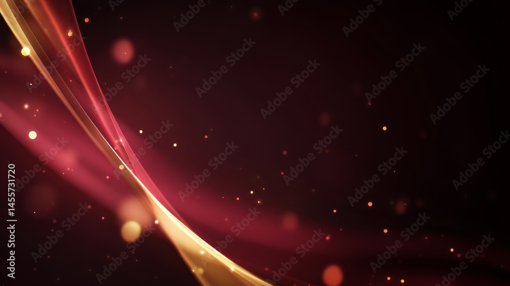 Poster Stream of colorful digital particles in shades of gold and crimson flows gracefully across a dark backdrop, creating a tech-inspired atmosphere with open space for text