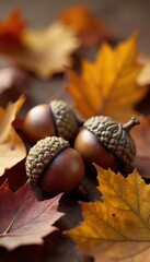 A cluster of dried acorns nestled amongst autumn leaves , fall, seasonal