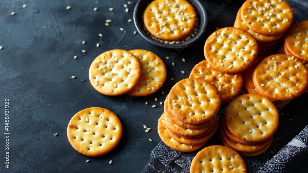 Aufkleber A grid of round sesame crackers is neatly arranged on a smooth black surface. The composition provides ample space for text or branding on the right side