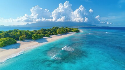 Obraz premium Tropical Island Paradise: Azure Waters, White Sands, Lush Greenery