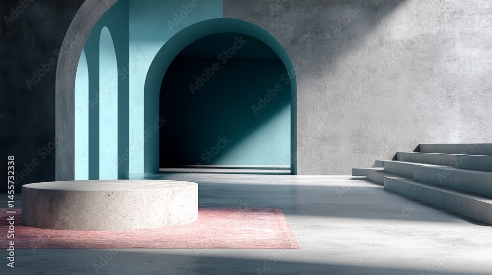 Poster a spacious room features a striking teal vaulted ceiling, complemented by a coral-patterned rug. a r