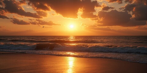 Sunrise Over the Ocean, Peaceful Morning, Summer Start A breathtaking view of the sun rising over the horizon, casting golden