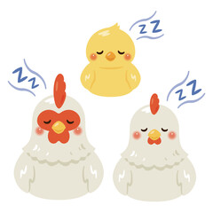 お座りして眠るニワトリとヒヨコのイラストセット