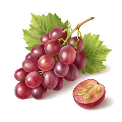 Fototapeta premium A full bunch of grapes placed beside a single sliced grape, revealing its juicy interior.