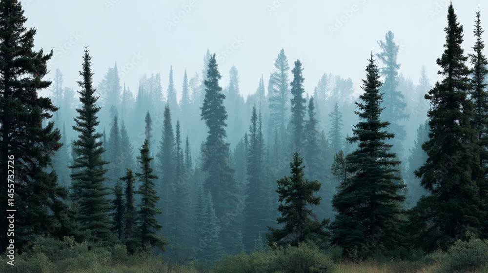 Poster a tranquil green forest landscape features towering pines fading into mist, creating a serene atmosp